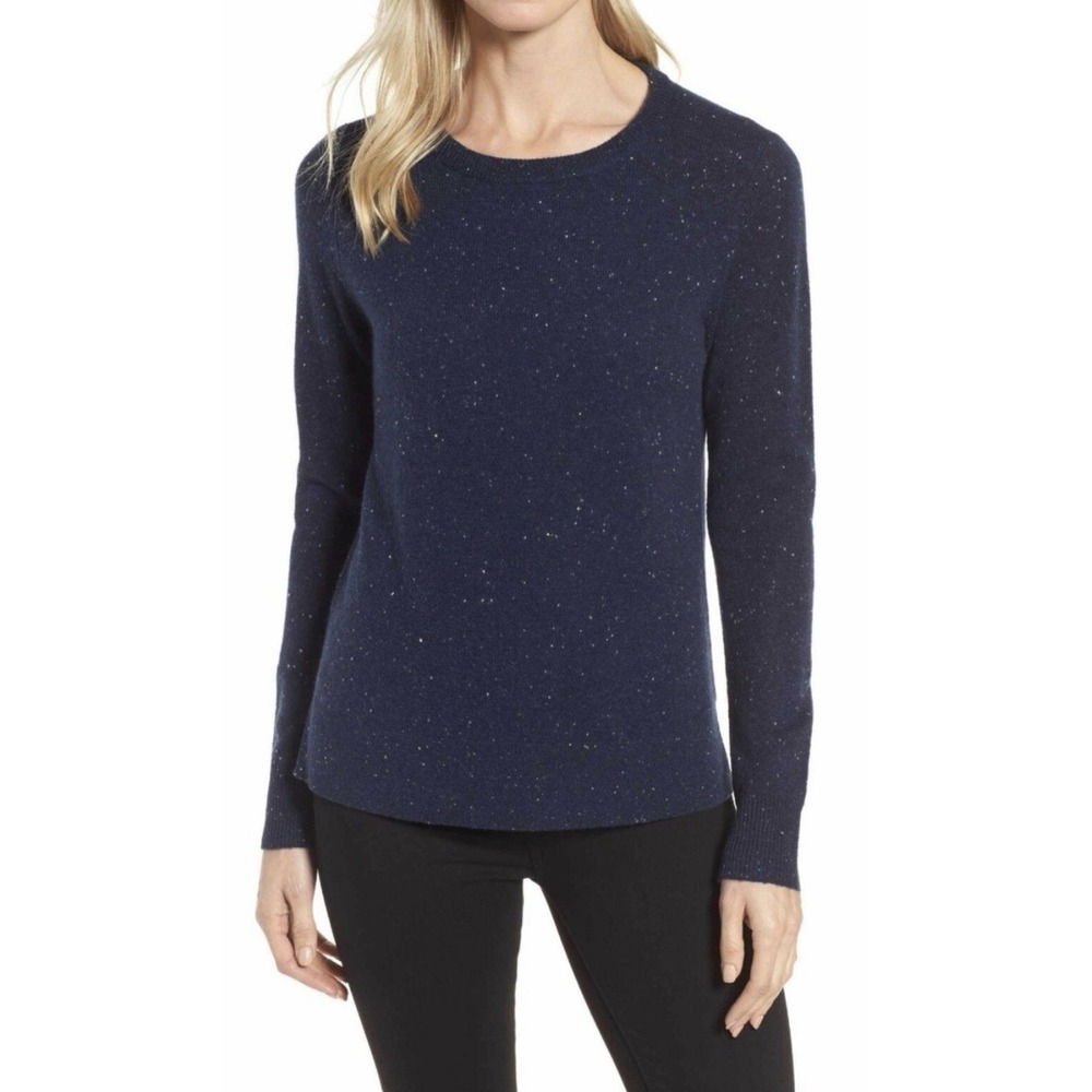 Halogen Sweater X1 Crewneck 100% Cashmere‎ Navy Blue w speckles Preppy